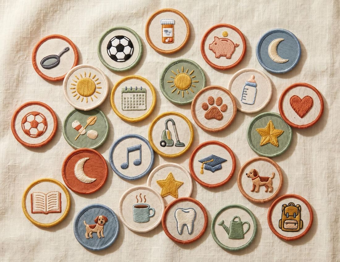 A scattered pile of family-life merit badges: chores, meals, kids, bedtime, calendar, and more