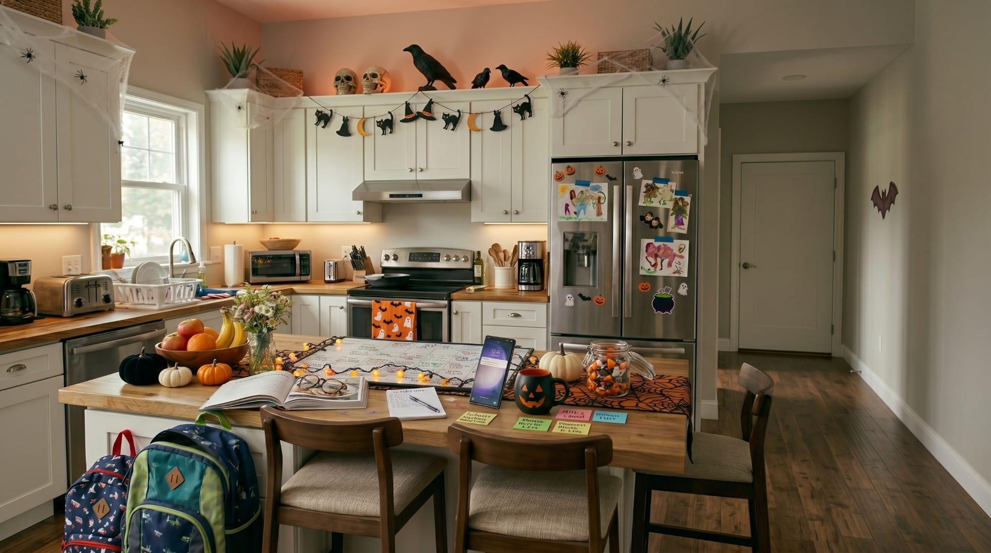 A busy family kitchen decorated for Halloween, with a paper calendar, sticky notes and a phone full of reminders on the counter.