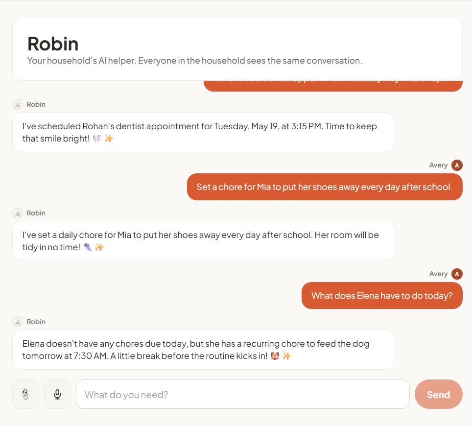 A Robin chat showing scheduled events, a daily chore, and an answer about today's tasks.